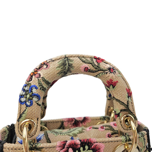 Lady D-Lite Mini Beige Multicolor Jardin Fleuri Embroidery Top Handle Bag in Fabric Gold hardware