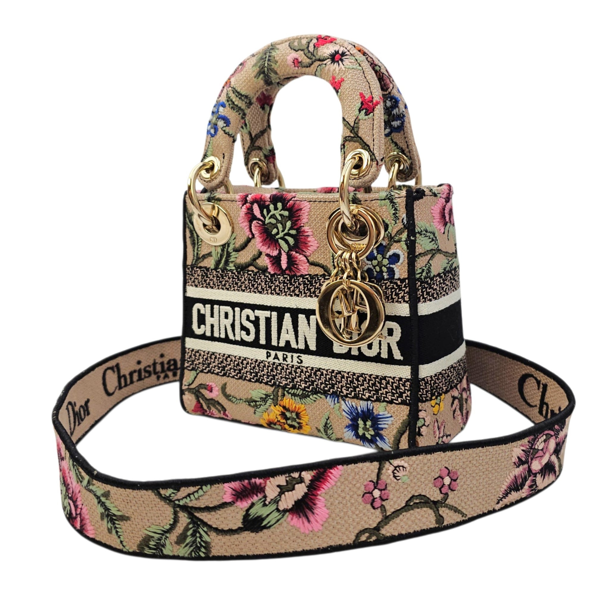 Lady D-Lite Mini Beige Multicolor Jardin Fleuri Embroidery Top Handle Bag in Fabric Gold hardware