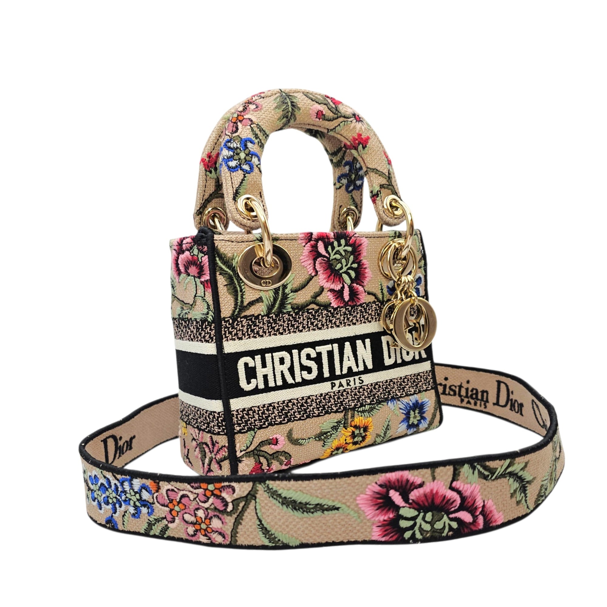 Lady D-Lite Mini Beige Multicolor Jardin Fleuri Embroidery Top Handle Bag in Fabric Gold hardware