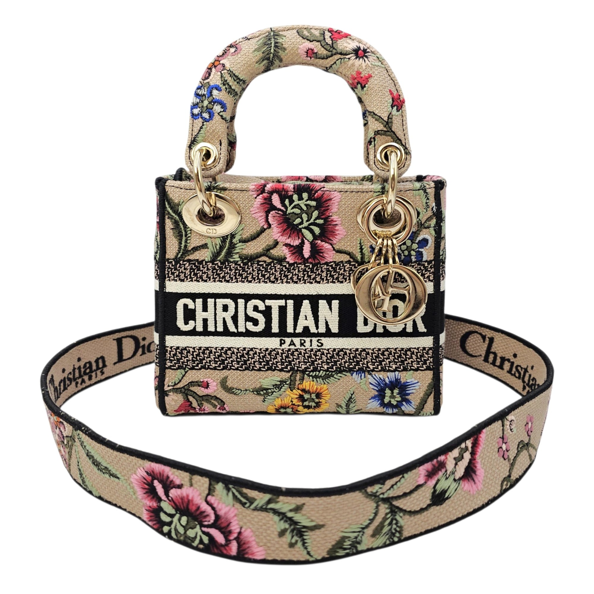 Lady D-Lite Mini Beige Multicolor Jardin Fleuri Embroidery Top Handle Bag in Fabric Gold hardware