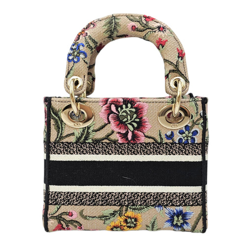 Lady D-Lite Mini Beige Multicolor Jardin Fleuri Embroidery Top Handle Bag in Fabric Gold hardware