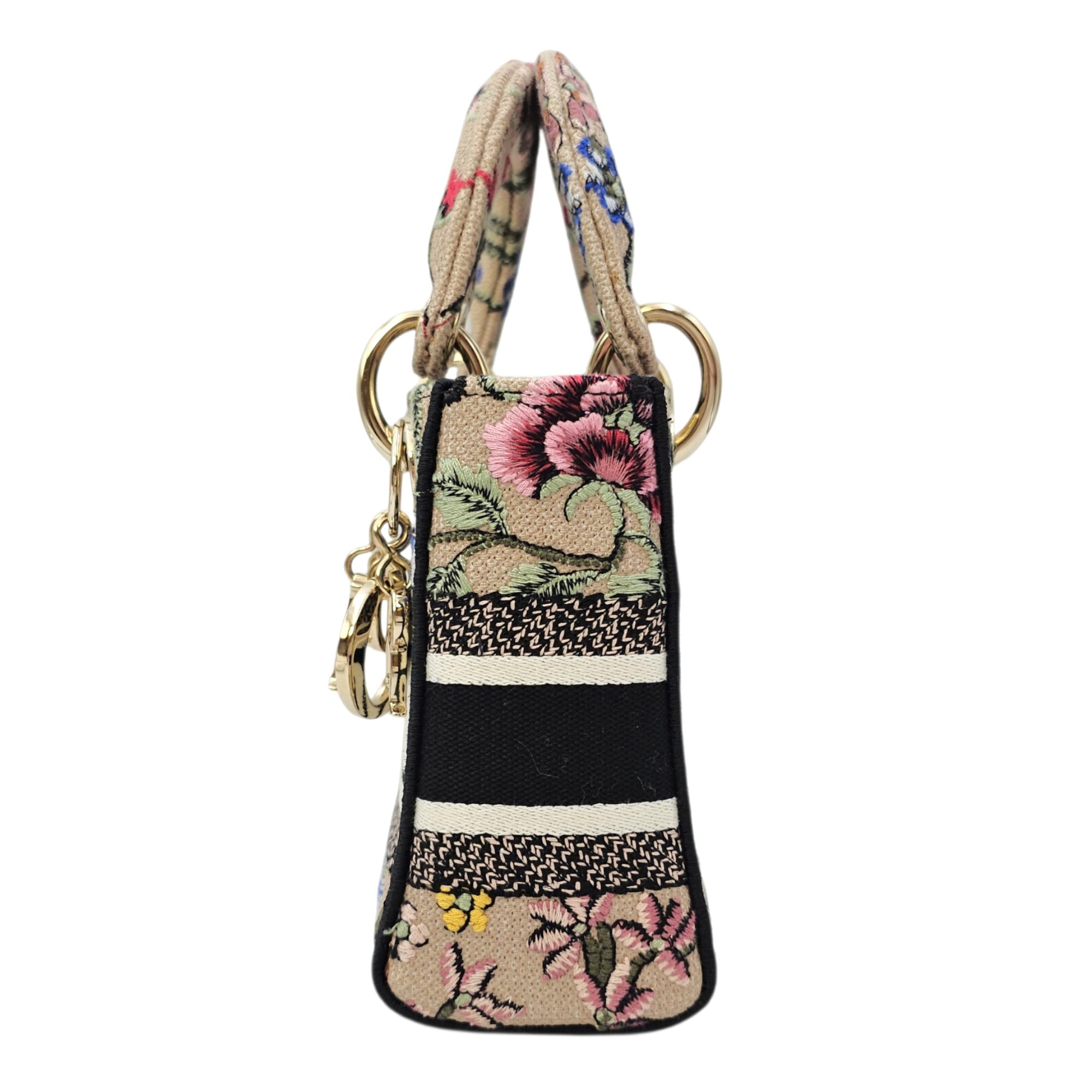 Lady D-Lite Mini Beige Multicolor Jardin Fleuri Embroidery Top Handle Bag in Fabric Gold hardware