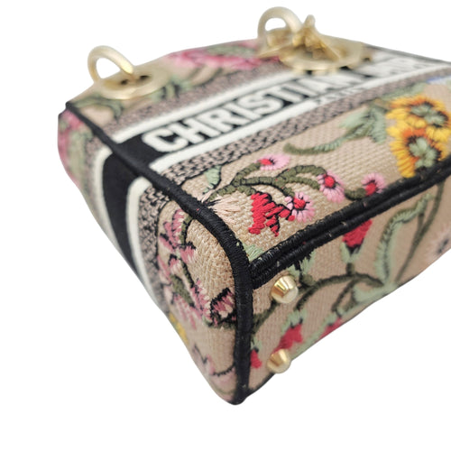 Lady D-Lite Mini Beige Multicolor Jardin Fleuri Embroidery Top Handle Bag in Fabric Gold hardware