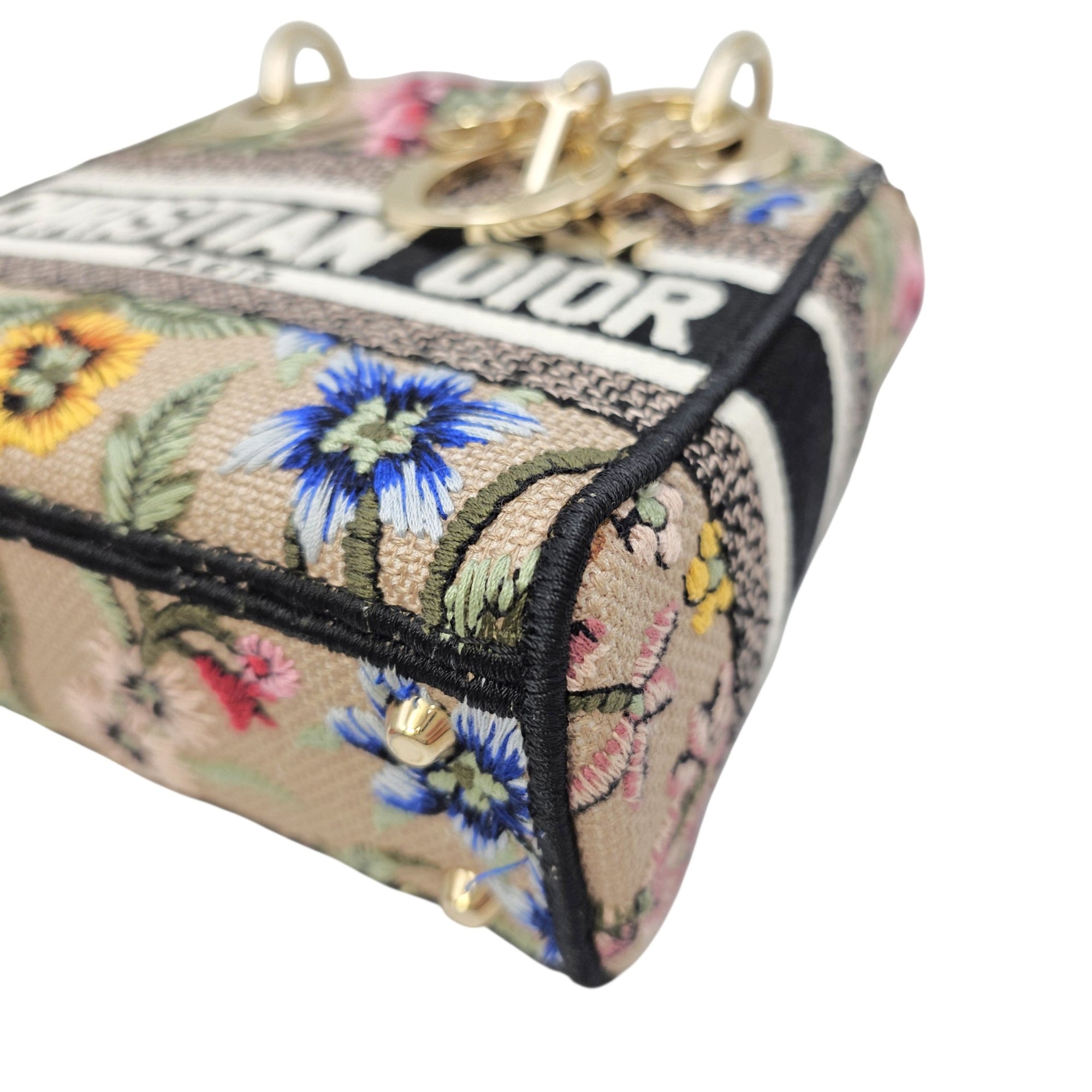 Lady D-Lite Mini Beige Multicolor Jardin Fleuri Embroidery Top Handle Bag in Fabric Gold hardware