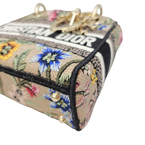 Lady D-Lite Mini Beige Multicolor Jardin Fleuri Embroidery Top Handle Bag in Fabric Gold hardware