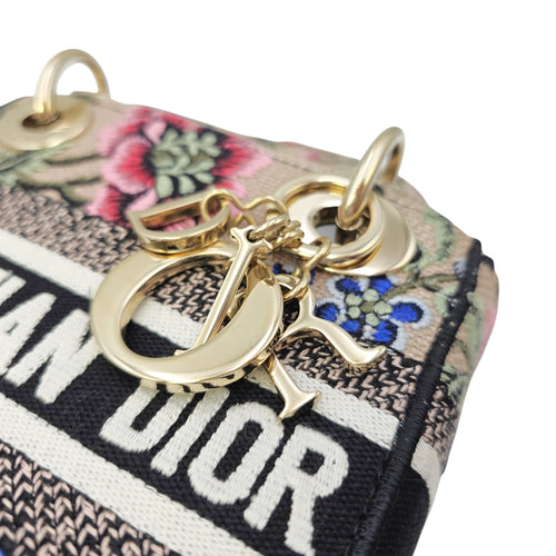 Lady D-Lite Mini Beige Multicolor Jardin Fleuri Embroidery Top Handle Bag in Fabric Gold hardware