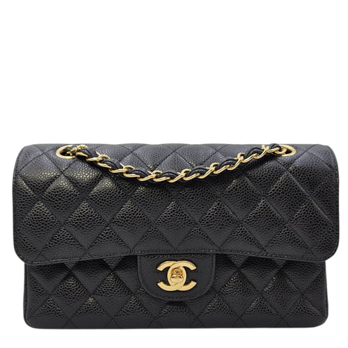 Classic Small Black Shoulder Bag in Caviar Leather Gold hardware