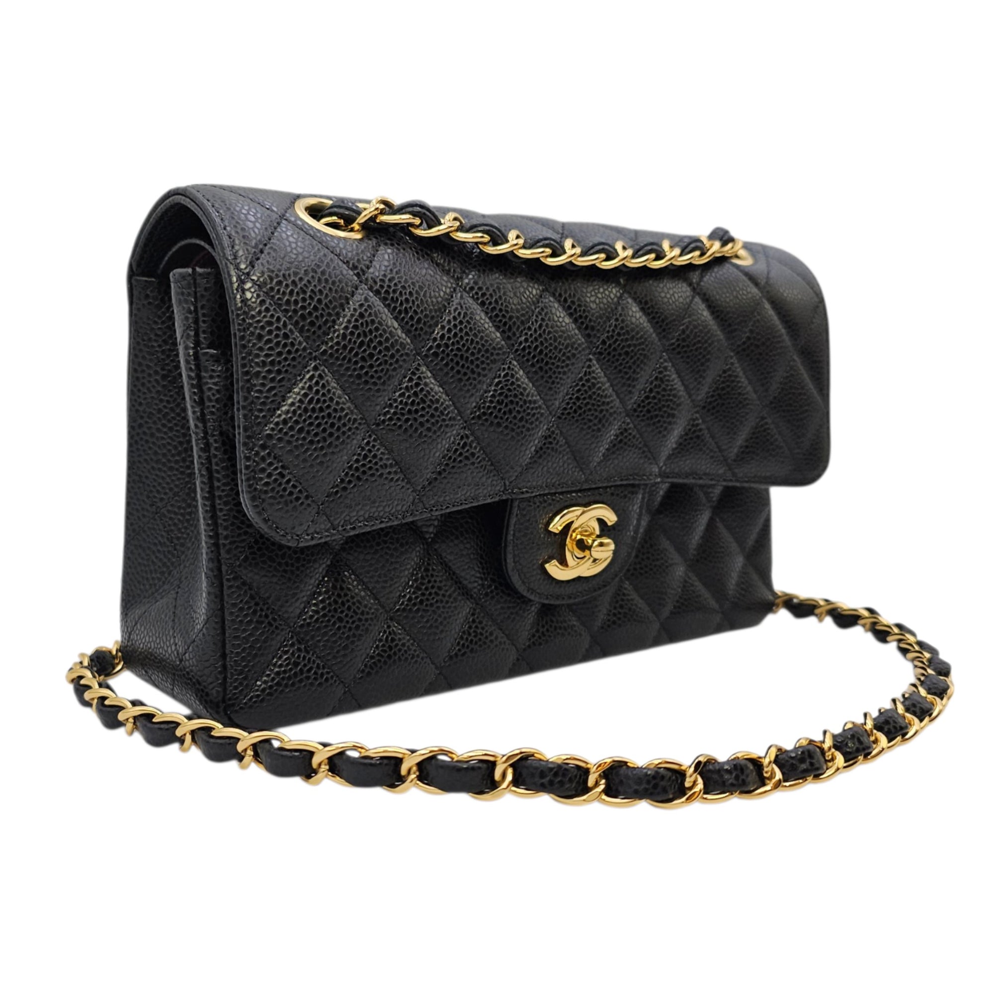 Classic Small Black Shoulder Bag in Caviar Leather Gold hardware