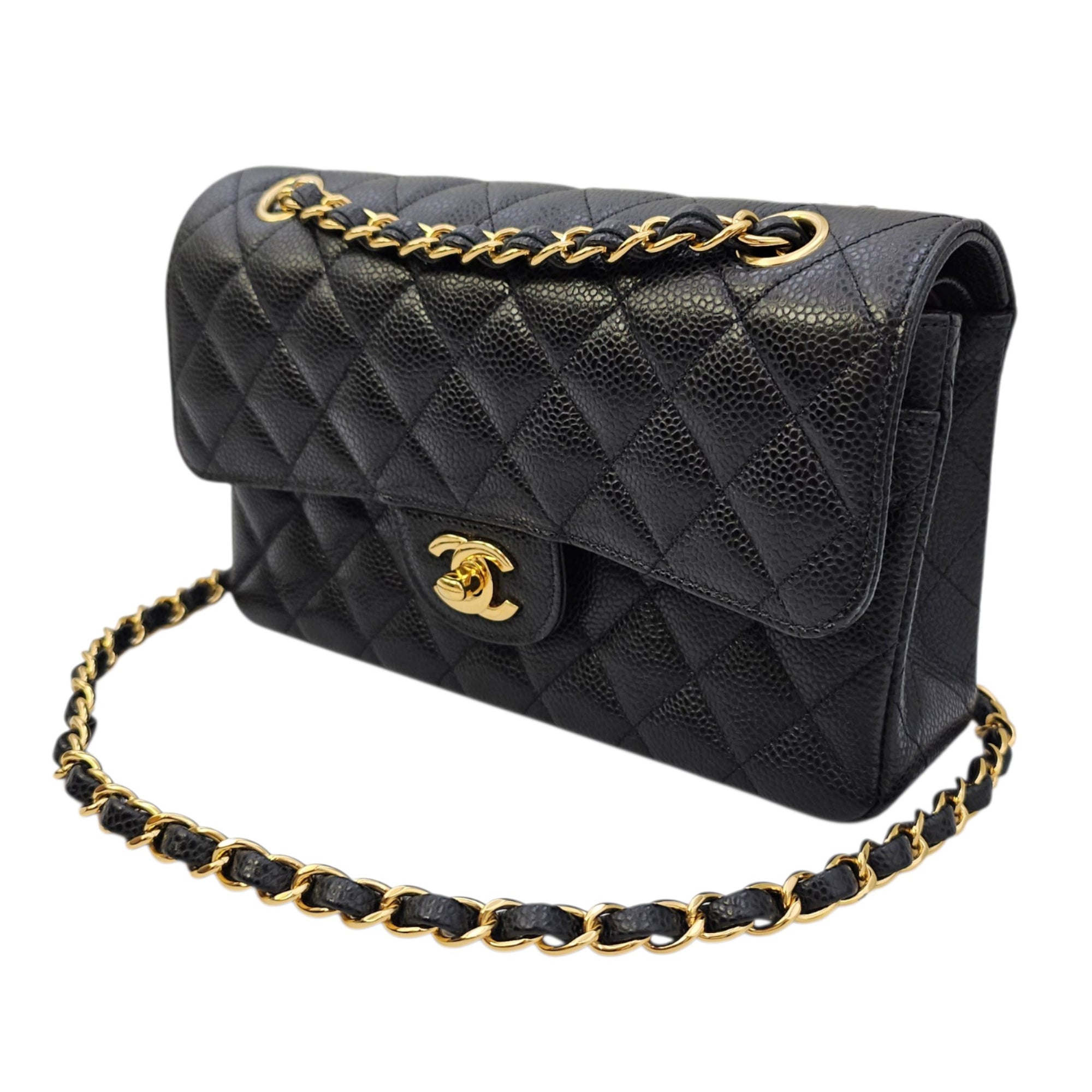 Classic Small Black Shoulder Bag in Caviar Leather Gold hardware