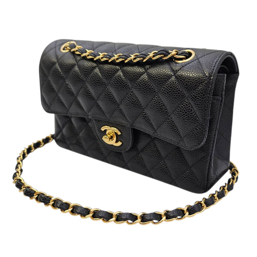 Classic Small Black Shoulder Bag in Caviar Leather Gold hardware