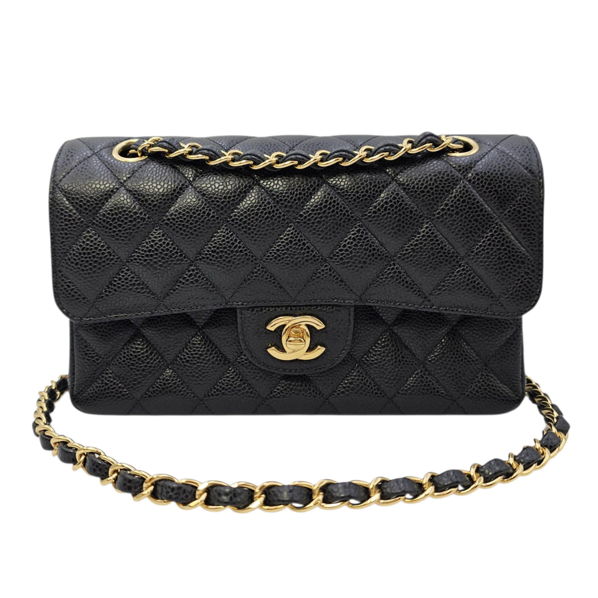 Classic Small Black Shoulder Bag in Caviar Leather Gold hardware