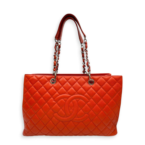 GST XL  Orange Tote Bag in Caviar Leather Silver hardware