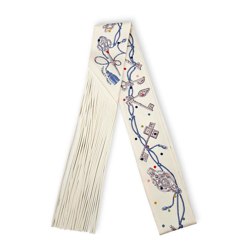 Les Cles a Pois Creme/Gris Perle Leather-Fringe Twilly