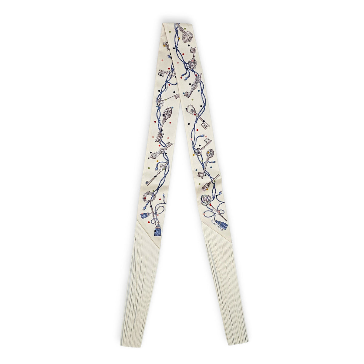 Les Cles a Pois Creme/Gris Perle Leather-Fringe Twilly