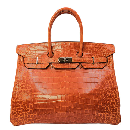 Birkin 35 Orange in Shiny Porosus Palladium hardware