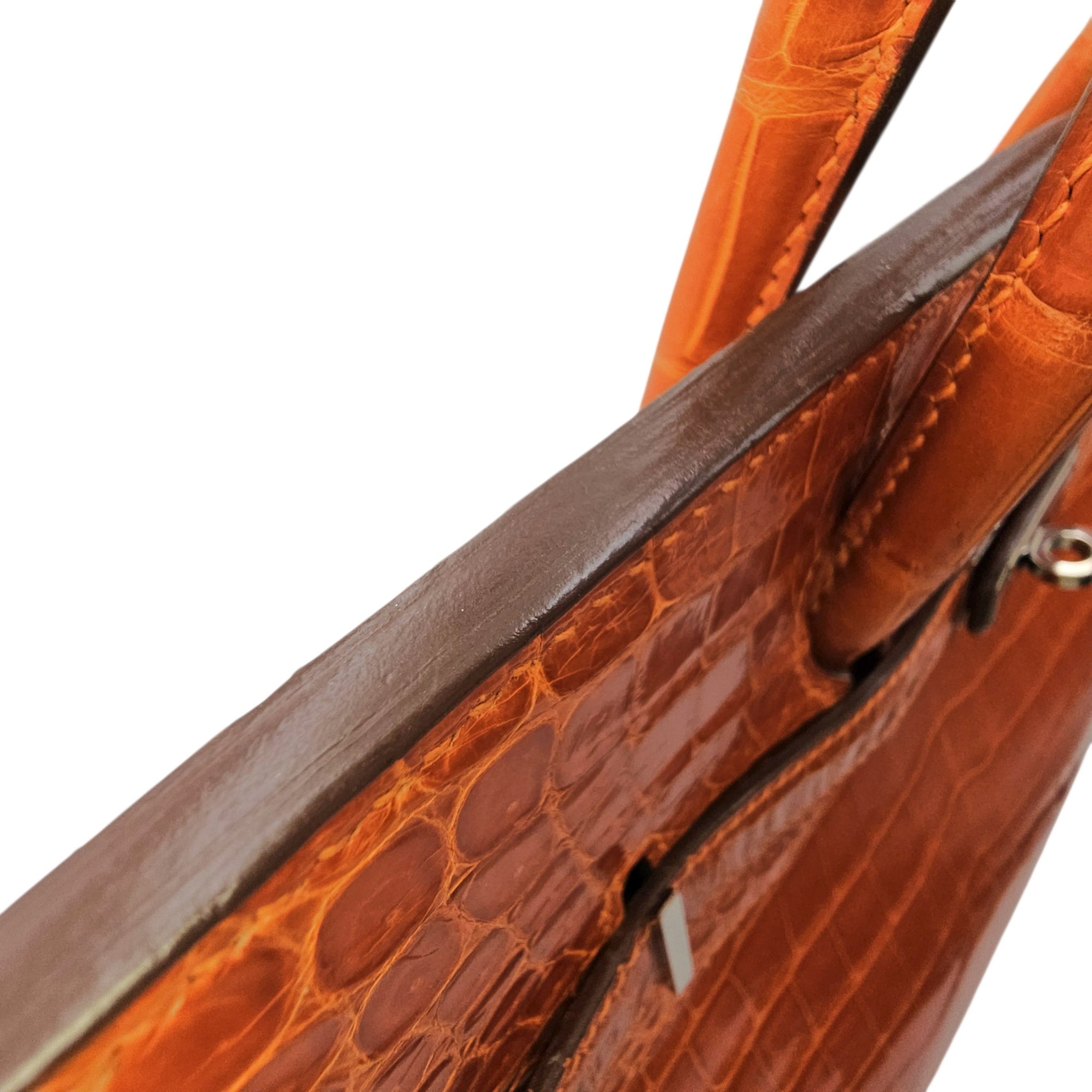 Birkin 35 Orange in Shiny Porosus Palladium hardware