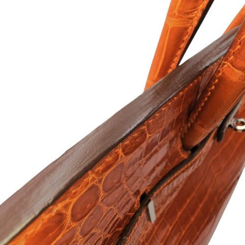 Birkin 35 Orange in Shiny Porosus Palladium hardware