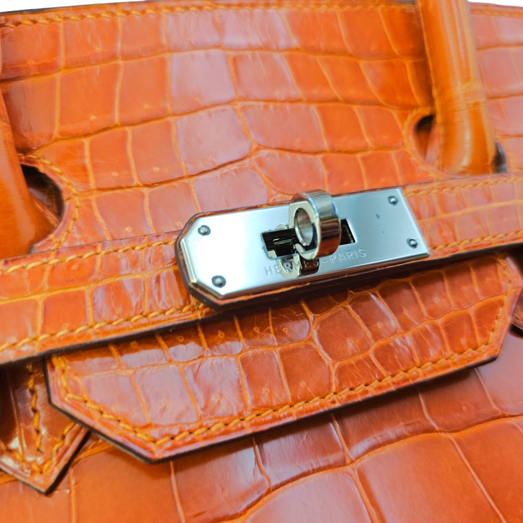 Birkin 35 Orange in Shiny Porosus Palladium hardware