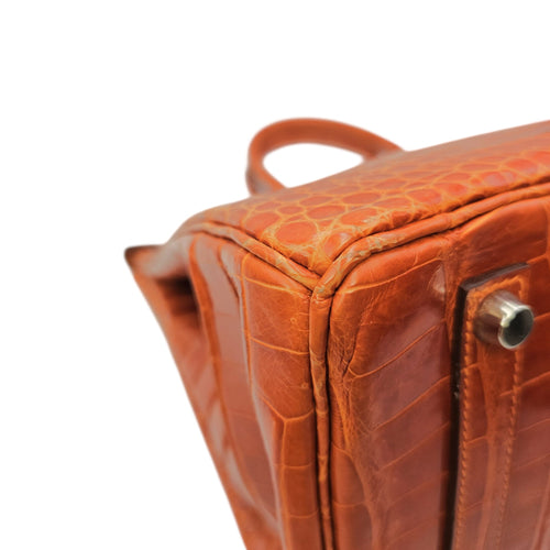 Birkin 35 Orange in Shiny Porosus Palladium hardware