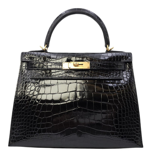 Sellier Kelly 28 Noir in Shiny Alligator Gold hardware