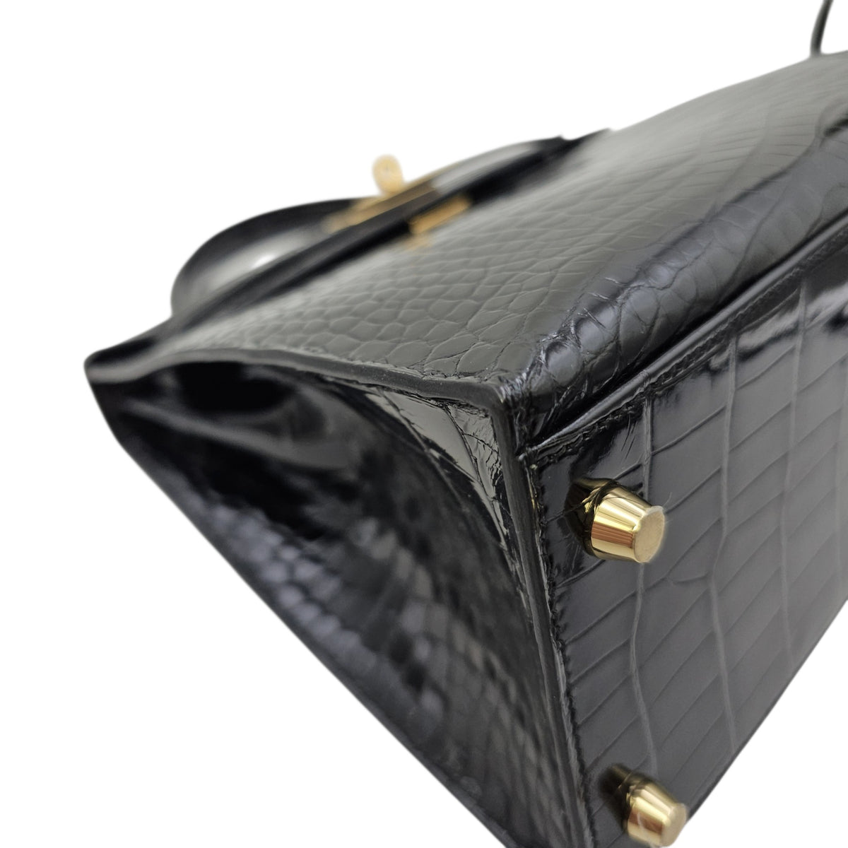 Sellier Kelly 28 Noir in Shiny Alligator Gold hardware