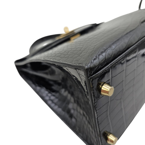 Sellier Kelly 28 Noir in Shiny Alligator Gold hardware