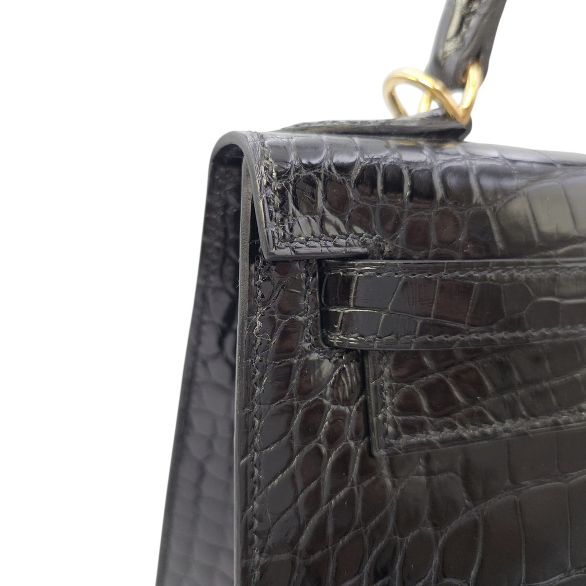 Sellier Kelly 28 Noir in Shiny Alligator Gold hardware