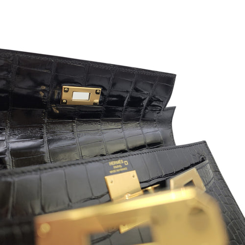 Sellier Kelly 28 Noir in Shiny Alligator Gold hardware
