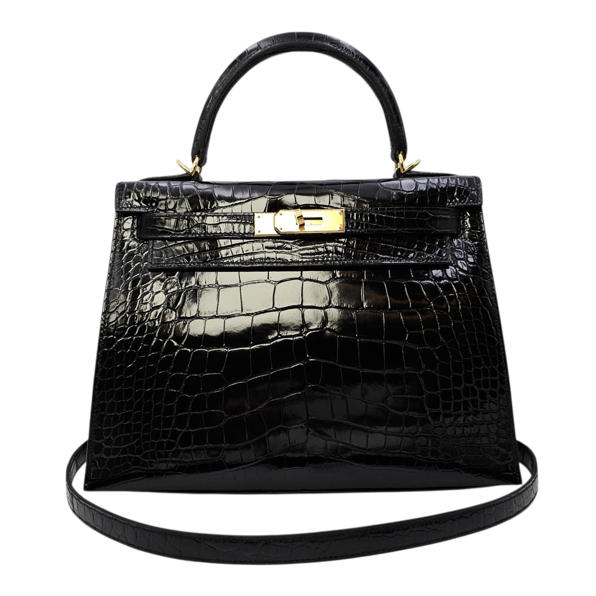 Sellier Kelly 28 Noir in Shiny Alligator Gold hardware