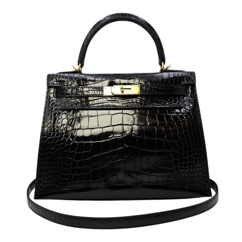 Sellier Kelly 28 Noir in Shiny Alligator Gold hardware