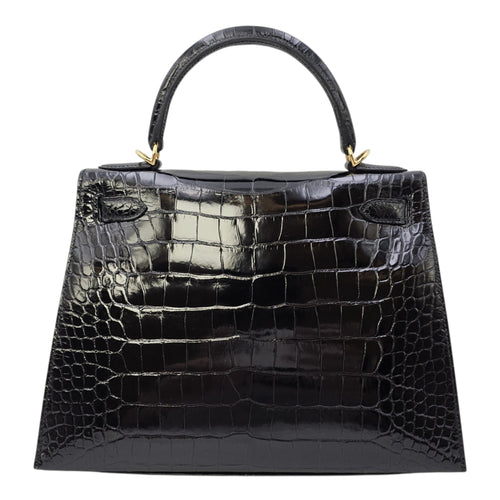 Sellier Kelly 28 Noir in Shiny Alligator Gold hardware