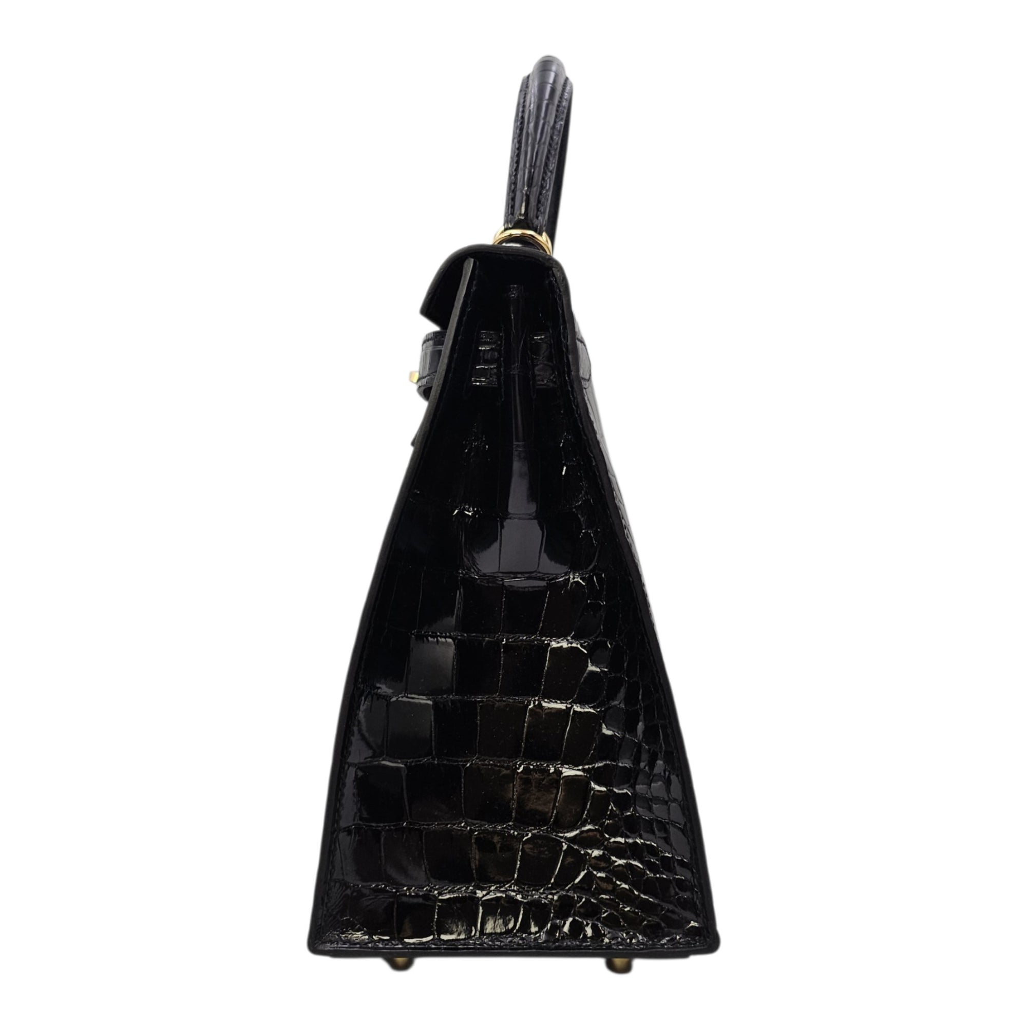 Sellier Kelly 28 Noir in Shiny Alligator Gold hardware
