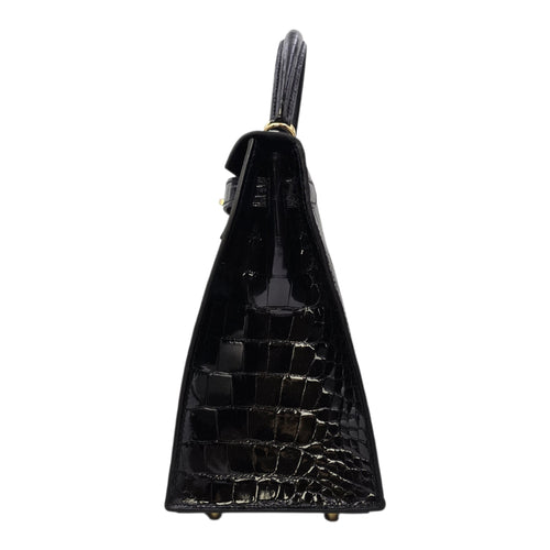 Sellier Kelly 28 Noir in Shiny Alligator Gold hardware