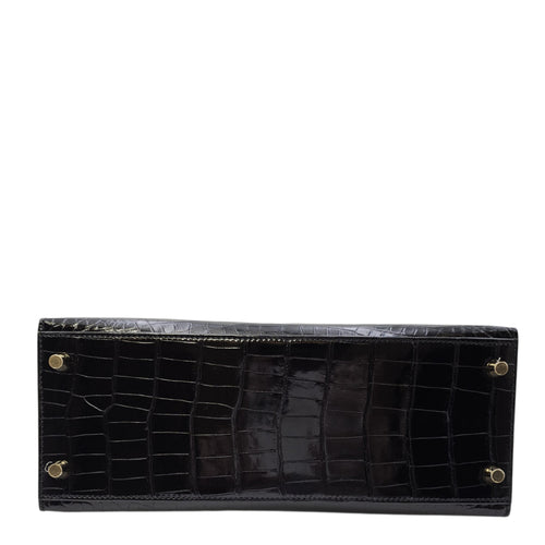 Sellier Kelly 28 Noir in Shiny Alligator Gold hardware