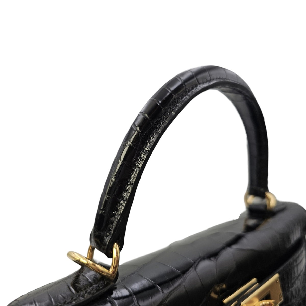 Sellier Kelly 28 Noir in Shiny Alligator Gold hardware