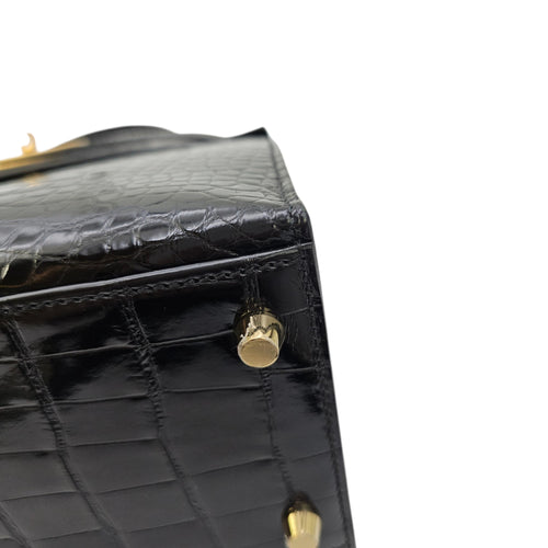 Sellier Kelly 28 Noir in Shiny Alligator Gold hardware