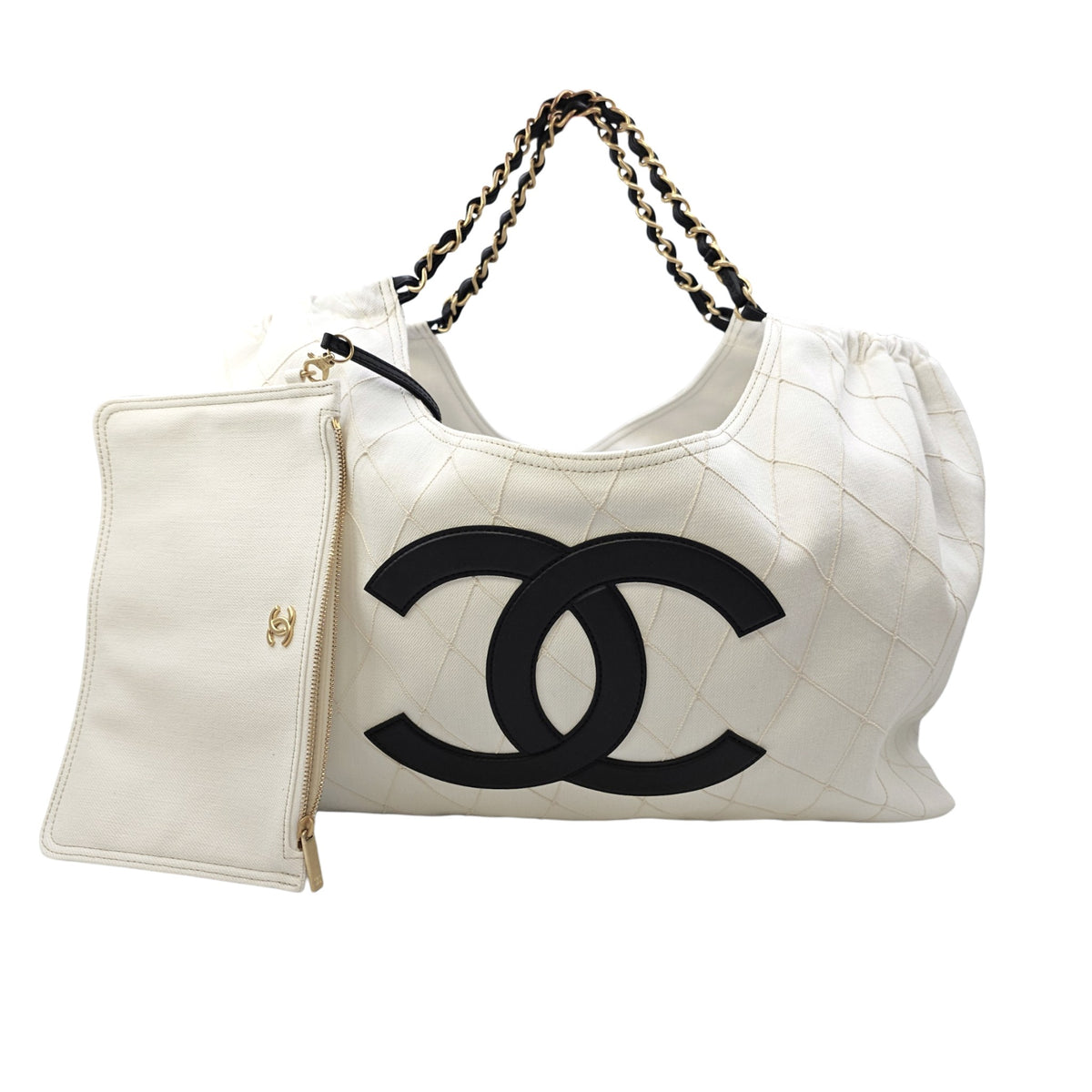 Shopping  Large White Shoulder Bag in Canvas Gold hardware