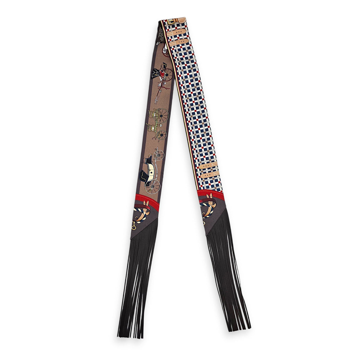 Les Voitures Nouvelles Blue/Rouge h/Marron Glace Leather Fringe Twilly