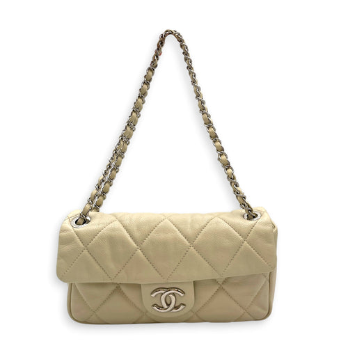 Nature Flap  Small White Shoulder Bag in Caviar Leather Silver hardware