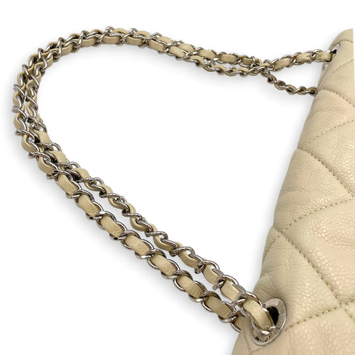 Nature Flap  Small White Shoulder Bag in Caviar Leather Silver hardware