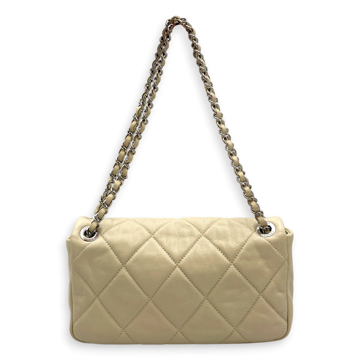 Nature Flap  Small White Shoulder Bag in Caviar Leather Silver hardware