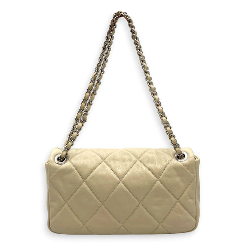 Nature Flap  Small White Shoulder Bag in Caviar Leather Silver hardware