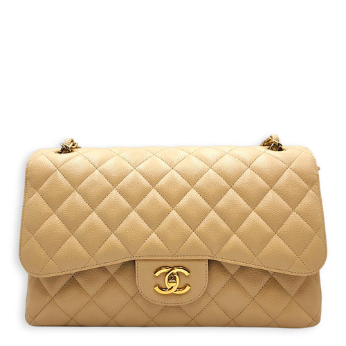 Classic (Double Flap) Jumbo Beige Shoulder Bag in Caviar Leather Gold hardware