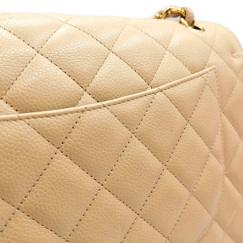 Classic (Double Flap) Jumbo Beige Shoulder Bag in Caviar Leather Gold hardware