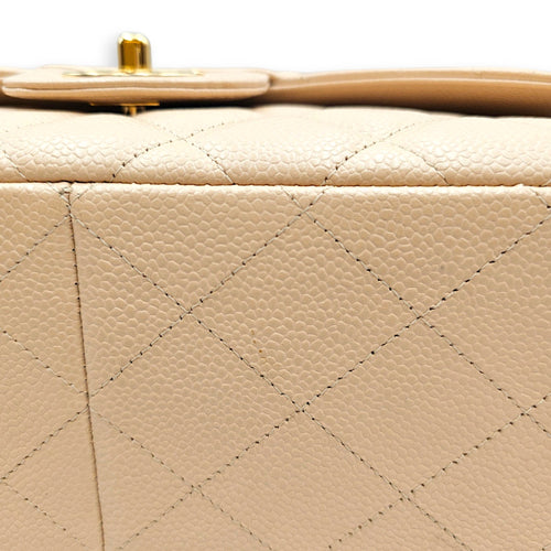 Classic (Double Flap) Jumbo Beige Shoulder Bag in Caviar Leather Gold hardware