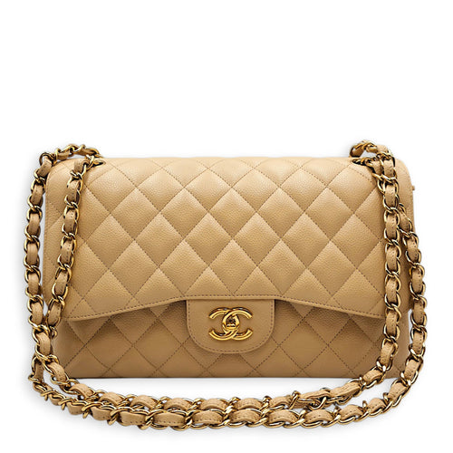 Classic (Double Flap) Jumbo Beige Shoulder Bag in Caviar Leather Gold hardware