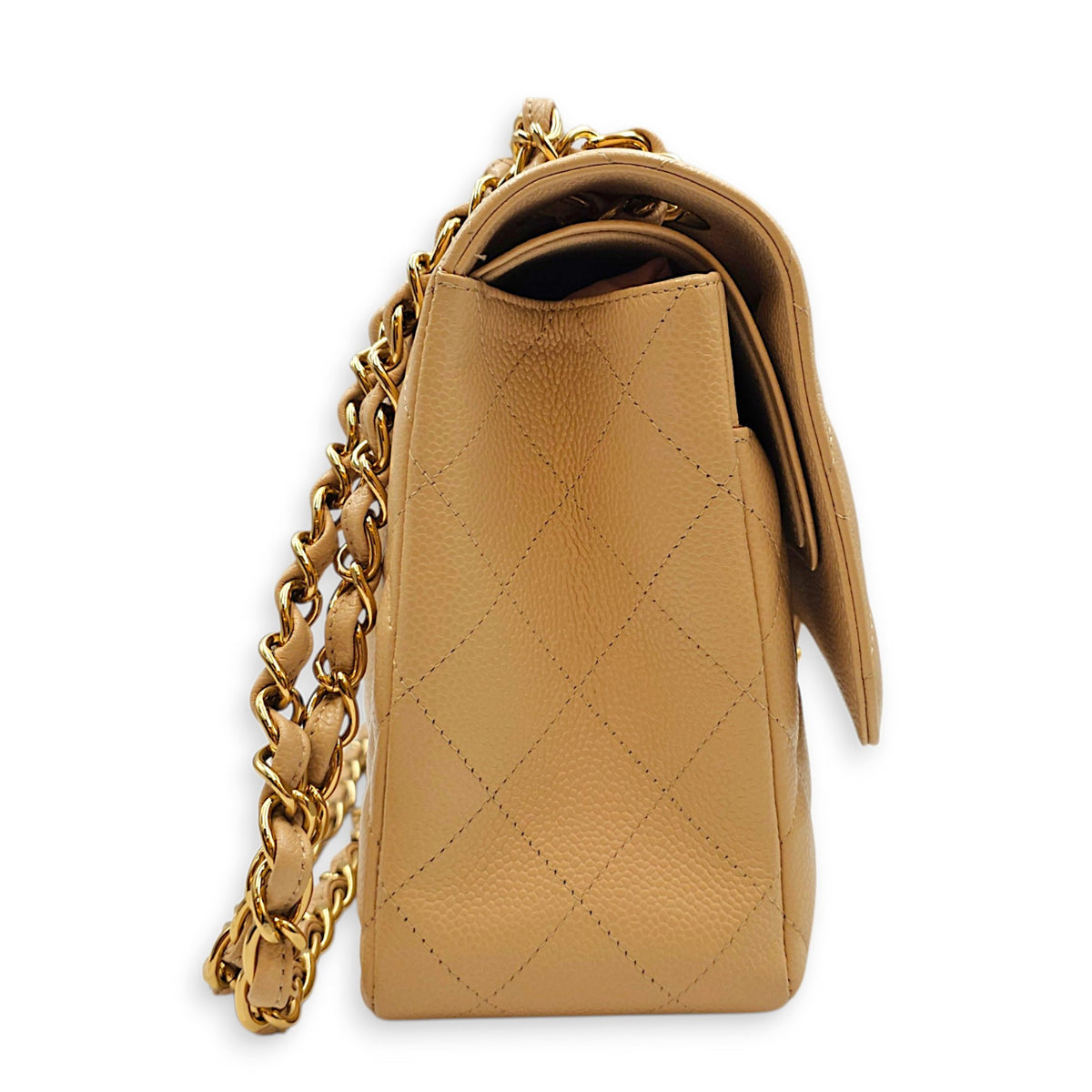 Classic (Double Flap) Jumbo Beige Shoulder Bag in Caviar Leather Gold hardware