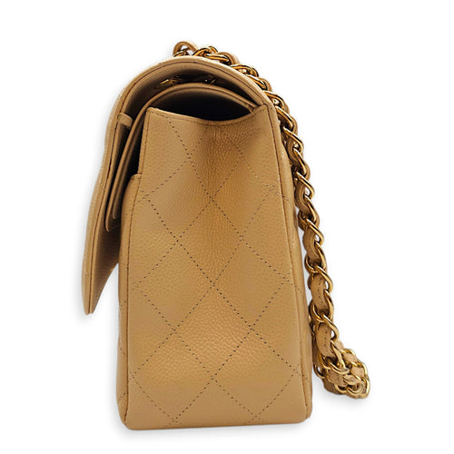 Classic (Double Flap) Jumbo Beige Shoulder Bag in Caviar Leather Gold hardware