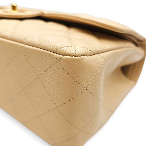 Classic (Double Flap) Jumbo Beige Shoulder Bag in Caviar Leather Gold hardware