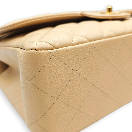 Classic (Double Flap) Jumbo Beige Shoulder Bag in Caviar Leather Gold hardware